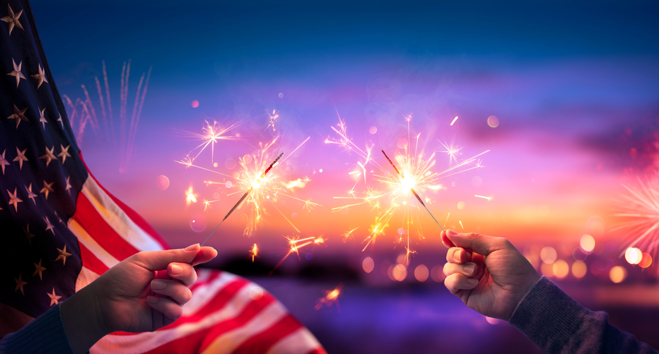 Usa,Celebration,With,Hands,Holding,Sparklers,And,American,Flag,At